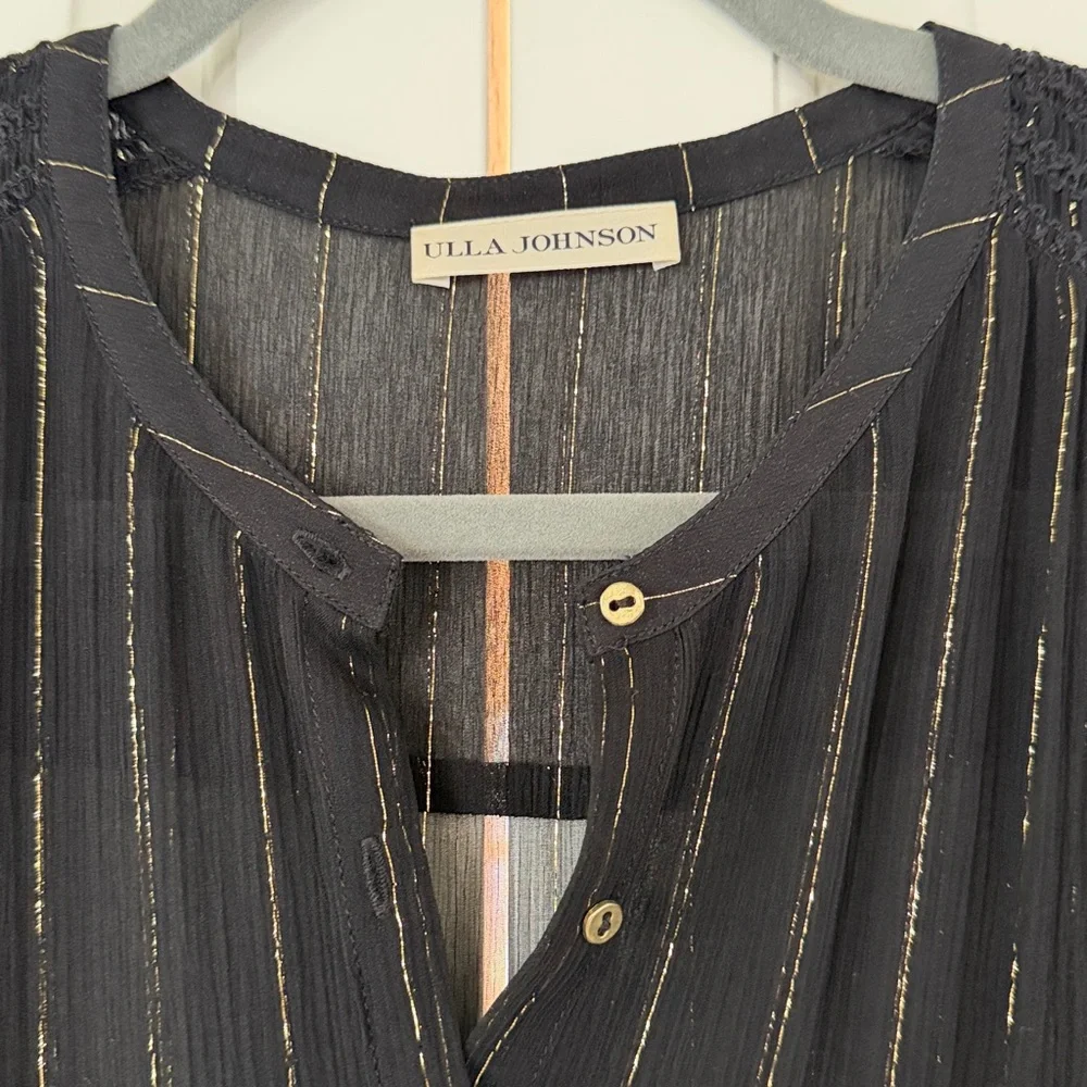 Ulla Johnson Black Silk Midi Dress with Gold Threaded Stripes - SZ 6 - Picture 3 of 5